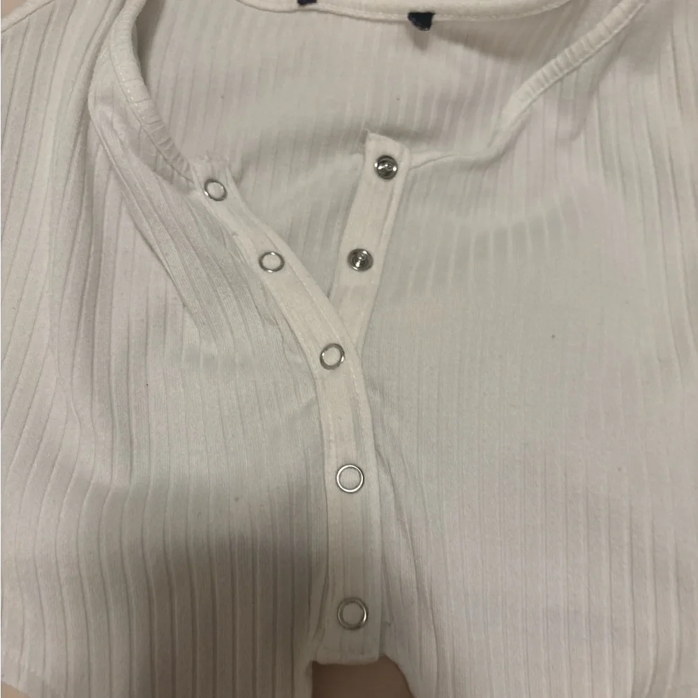 White Ribbed Button-Down Top - Picture 2 of 5